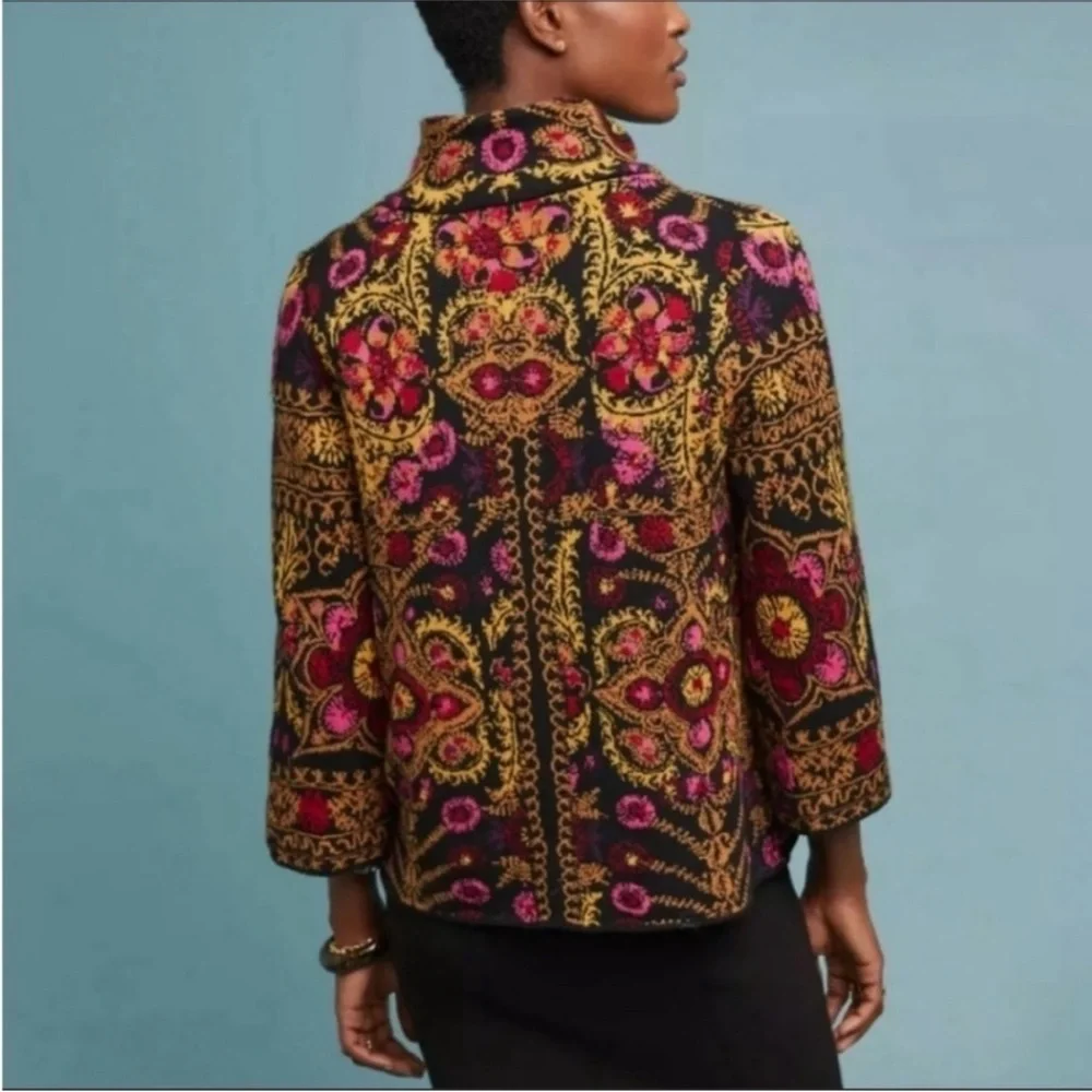 Anthropology Moth Embroidered Floral Jacket - Multicolor